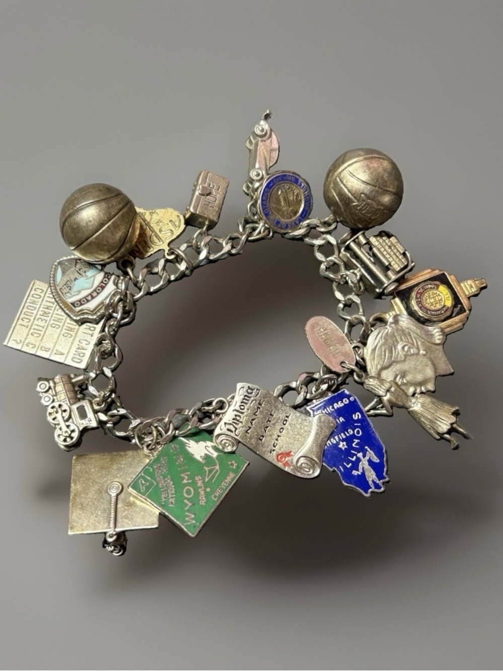 Vintage Sterling Silver Charm Bracelet High School Sports Travel 17 Charms